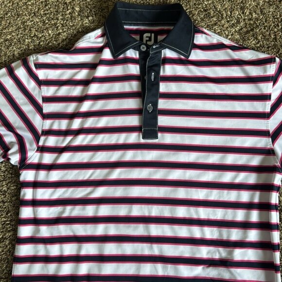 Footjoy Polo Shirt Mens Medium White Blue Performance Golf Wicking Spandex - Picture 4 of 10